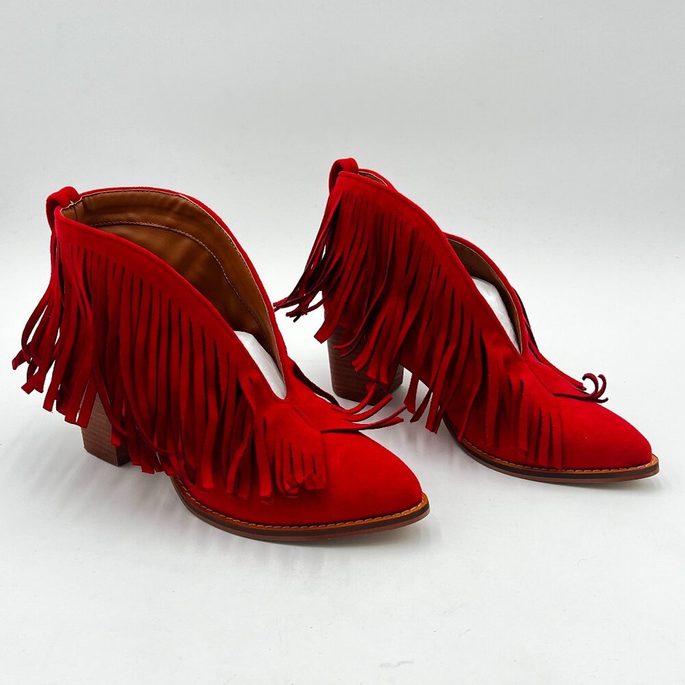 YDN Red Round Toe Ankle High Boots with Tassels Block Heel Suede Retro Booties